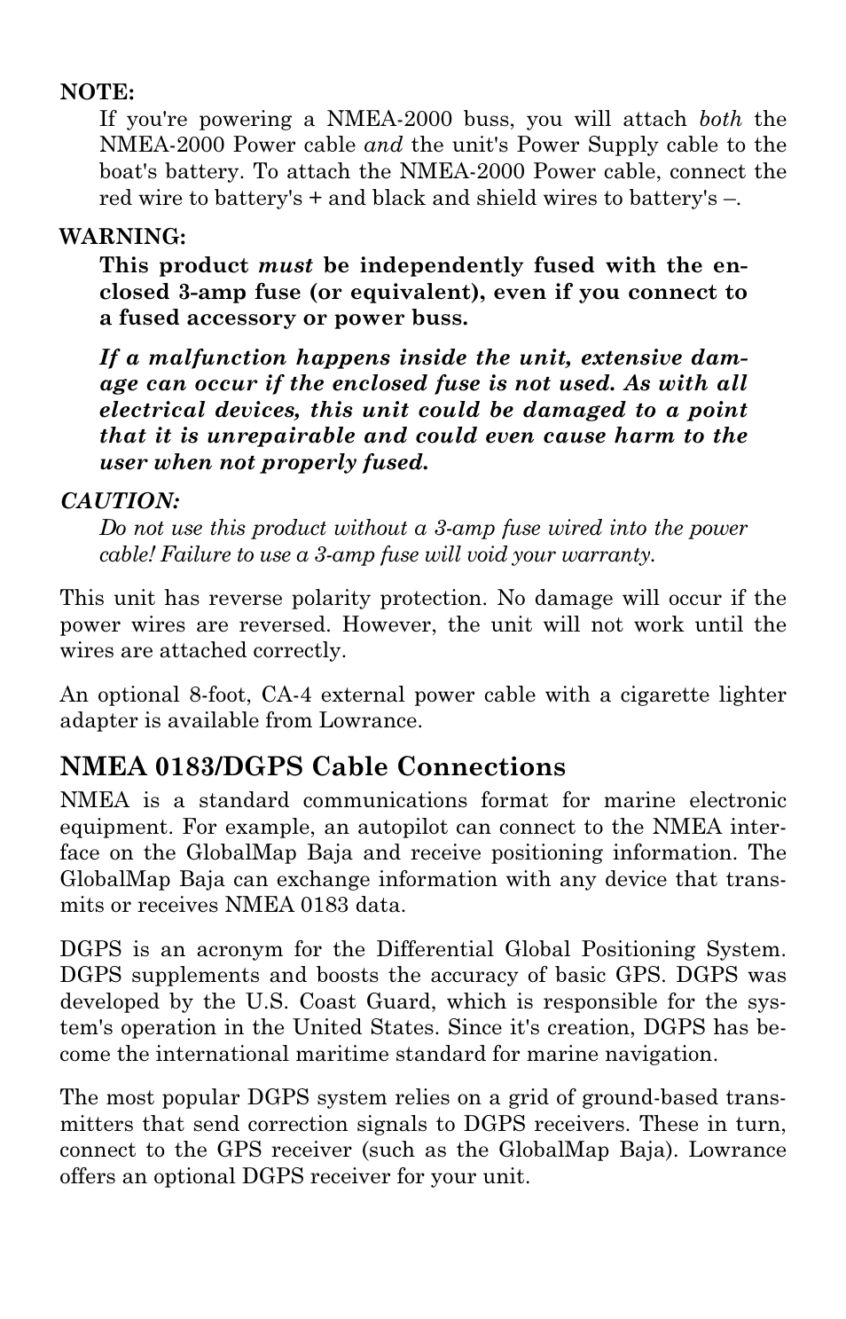 Nmea 0183/dgps cable connections | Lowrance electronic Mapping GPS Receiver User Manual | Page 21 / 132