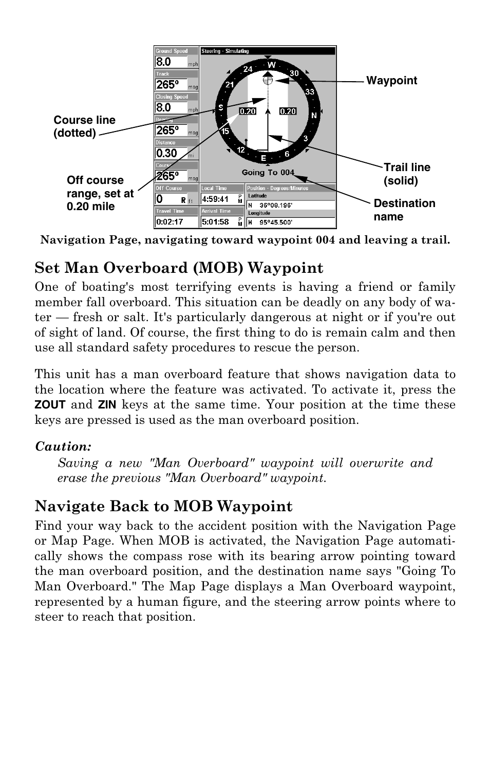 Set man overboard (mob) waypoint, Navigate back to mob waypoint | Lowrance electronic Mapping GPS Receiver User Manual | Page 48 / 132