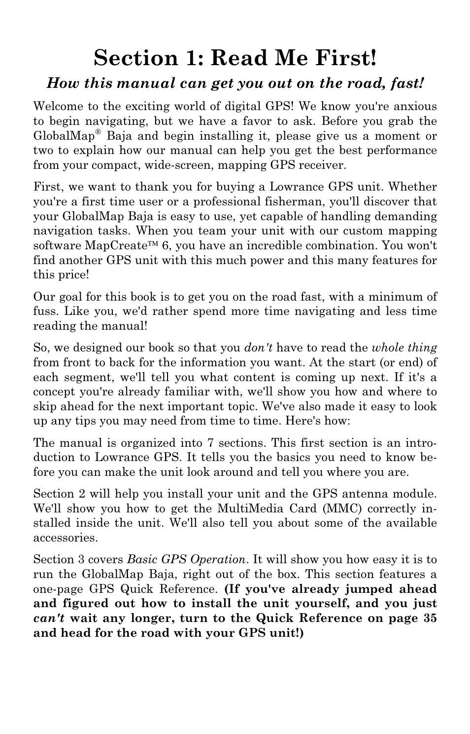 How this manual can get you out on the road, fast | Lowrance electronic Mapping GPS Receiver User Manual | Page 7 / 132