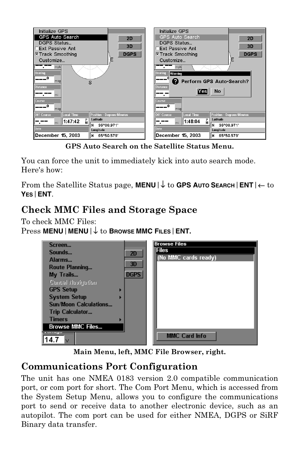 Check mmc files and storage space, Communications port configuration | Lowrance electronic Mapping GPS Receiver User Manual | Page 75 / 132