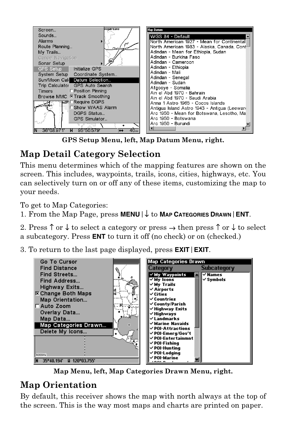 Map detail category selection, Map orientation | Lowrance electronic Mapping GPS Receiver User Manual | Page 86 / 132