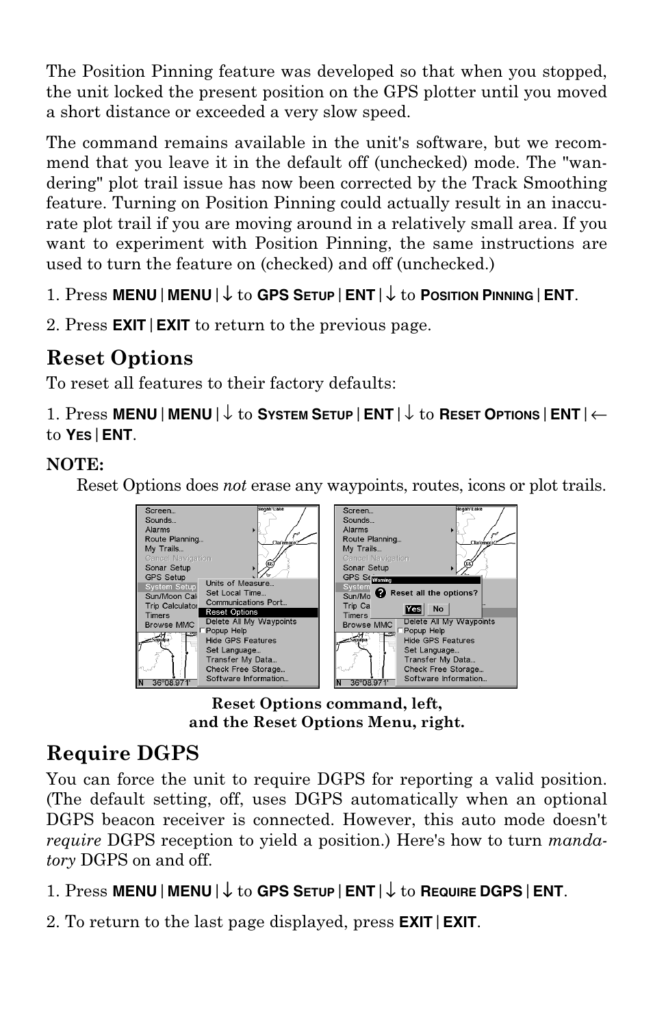 Reset options, Require dgps | Lowrance electronic Mapping GPS Receiver User Manual | Page 94 / 132