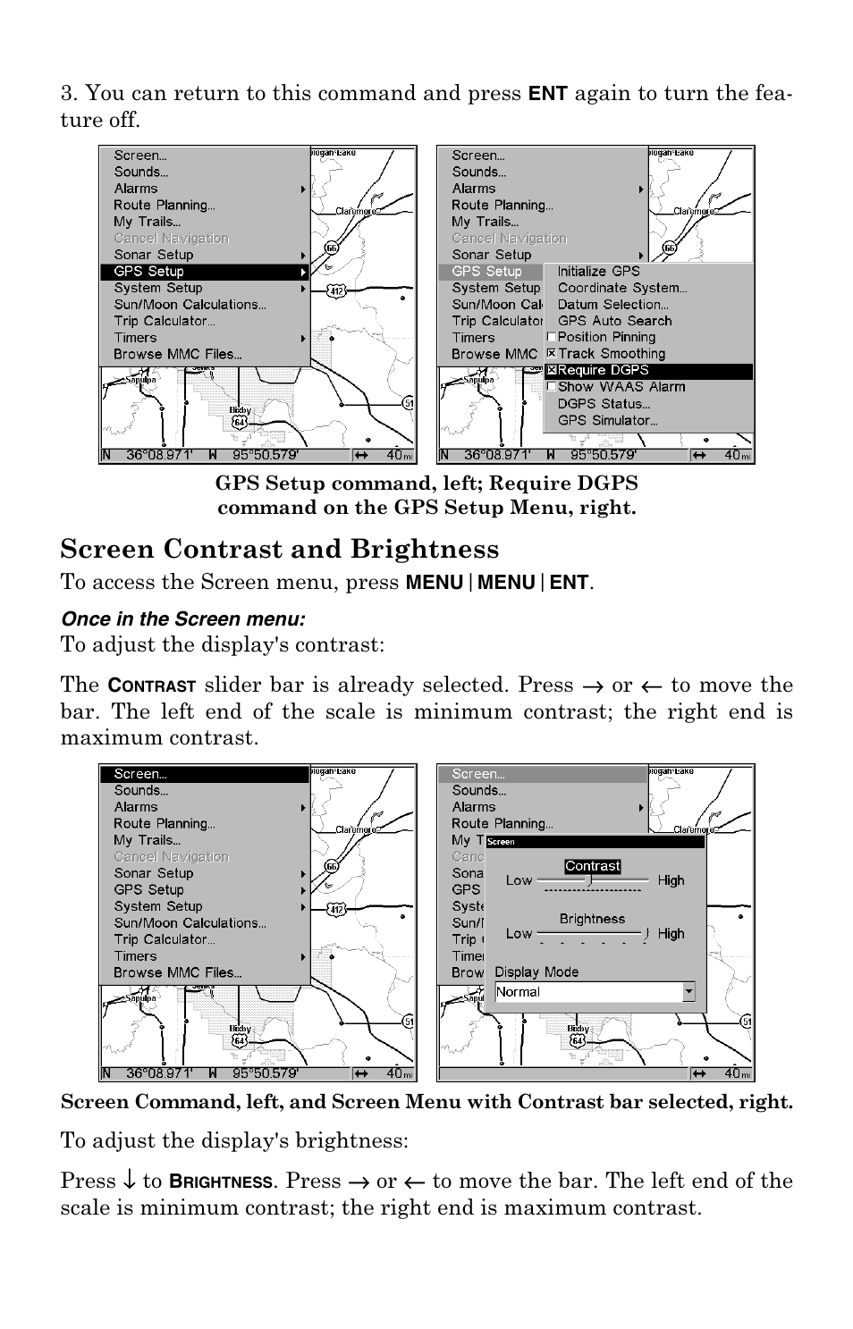 Screen contrast and brightness | Lowrance electronic Mapping GPS Receiver User Manual | Page 95 / 132