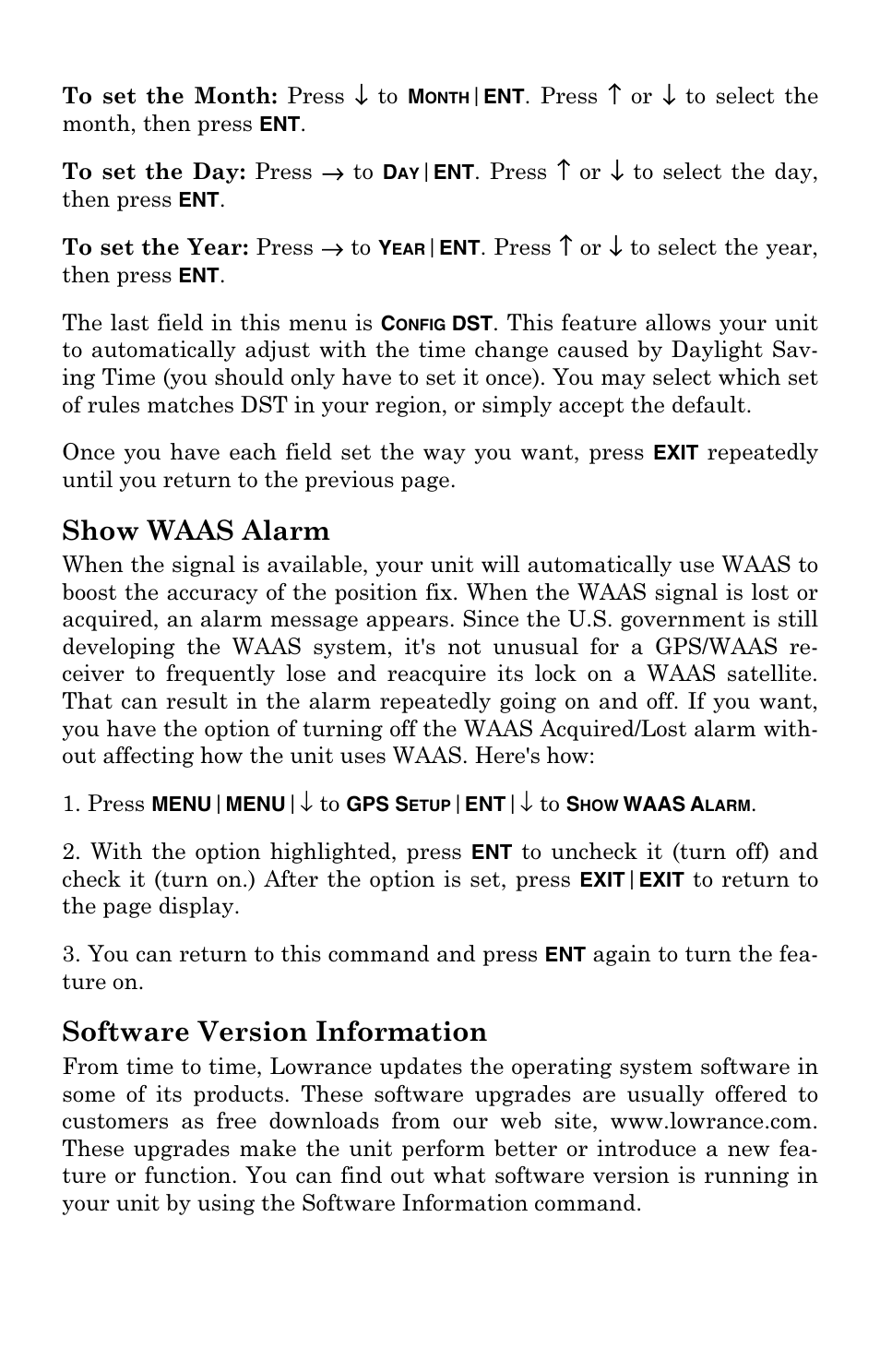 Show waas alarm, Software version information | Lowrance electronic Mapping GPS Receiver User Manual | Page 97 / 132