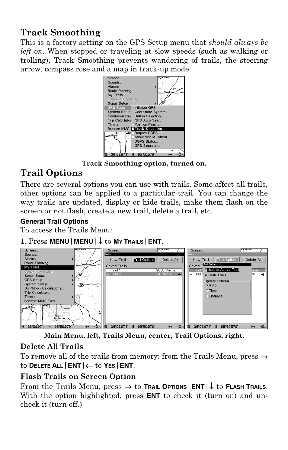 Track smoothing, Trail options | Lowrance electronic Mapping GPS Receiver User Manual | Page 99 / 132