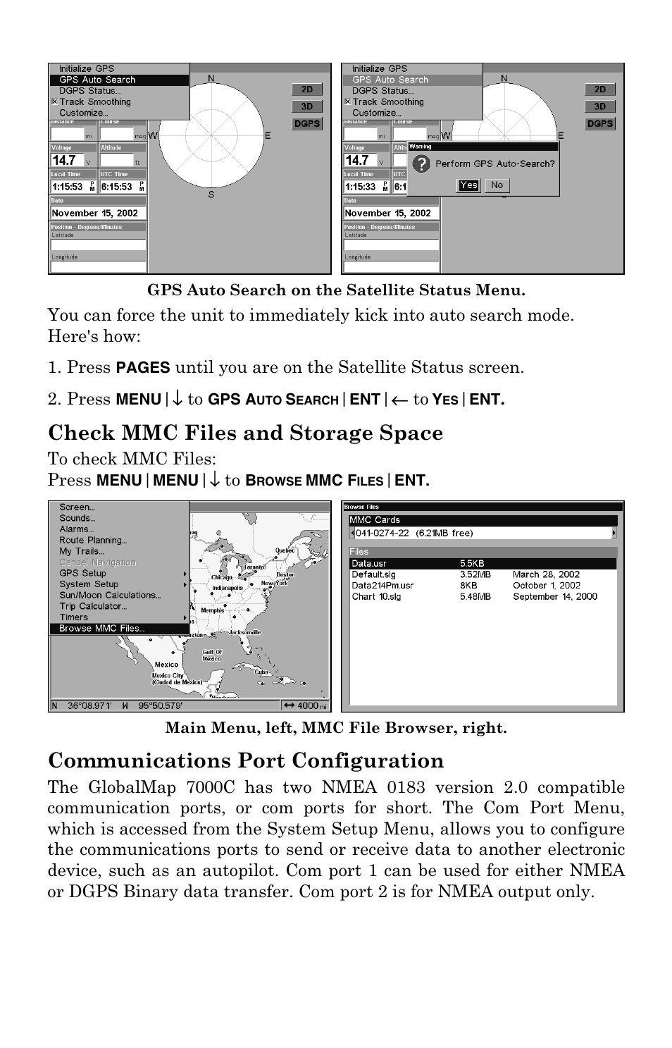 Check mmc files and storage space, Communications port configuration | Lowrance electronic GlobalMap 7000C User Manual | Page 73 / 128