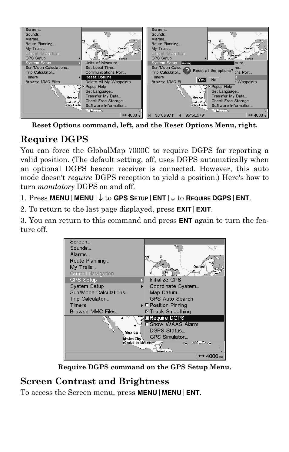 Require dgps, Screen contrast and brightness | Lowrance electronic GlobalMap 7000C User Manual | Page 93 / 128