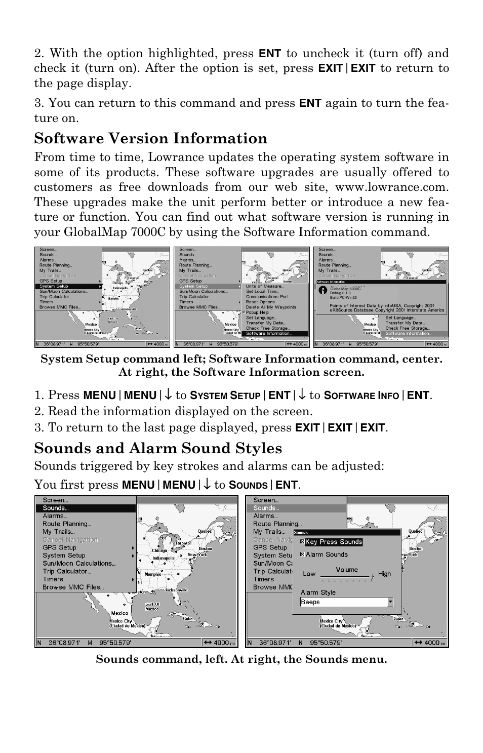 Software version information, Sounds and alarm sound styles | Lowrance electronic GlobalMap 7000C User Manual | Page 96 / 128