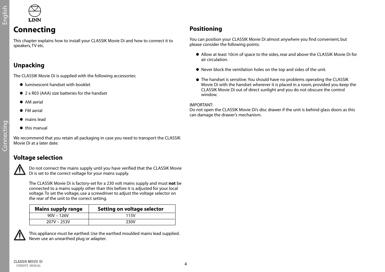 Connecting | Linn CLASSIK Movie Di User Manual | Page 10 / 54