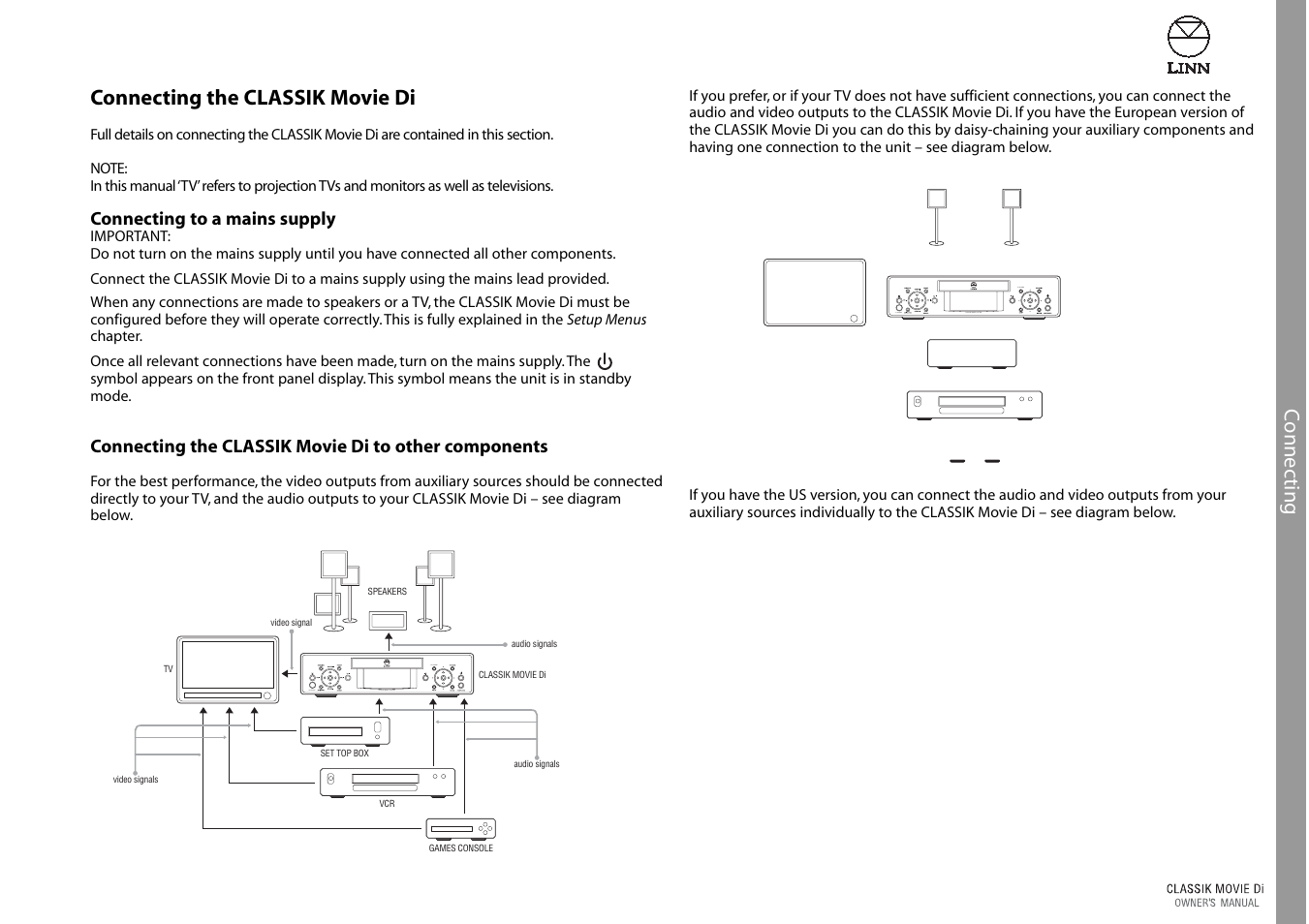 Connecting to a mains supply, Connec ting connecting the classik movie di, Classik movie system title/band ir sensor | Linn CLASSIK Movie Di User Manual | Page 13 / 54