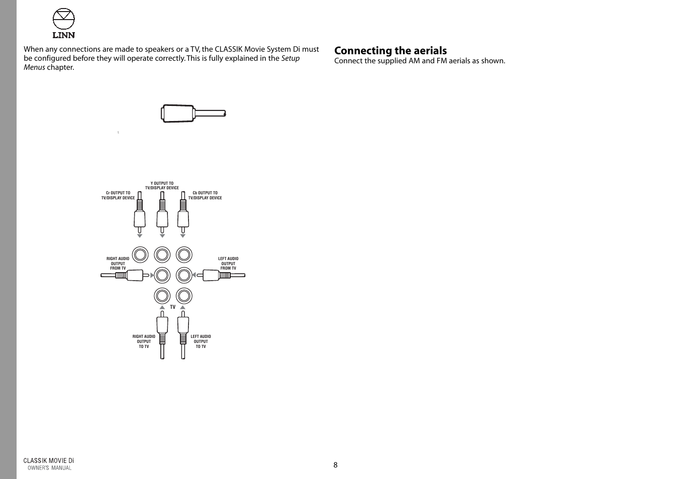 Connecting the aerials, Connect the supplied am and fm aerials as shown | Linn CLASSIK Movie Di User Manual | Page 14 / 54