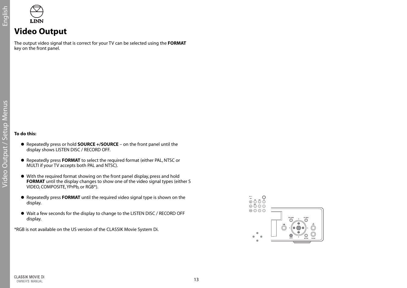 Video output, Video output / s etup m enus | Linn CLASSIK Movie Di User Manual | Page 19 / 54