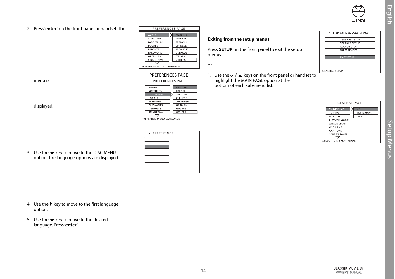 Setup m enus | Linn CLASSIK Movie Di User Manual | Page 20 / 54