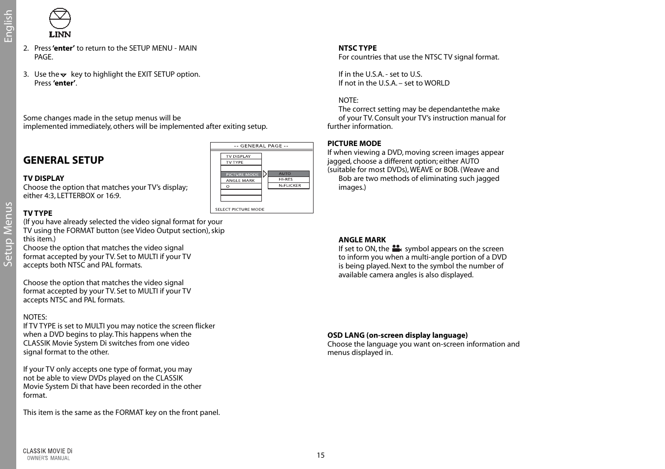 Setup m enus | Linn CLASSIK Movie Di User Manual | Page 21 / 54