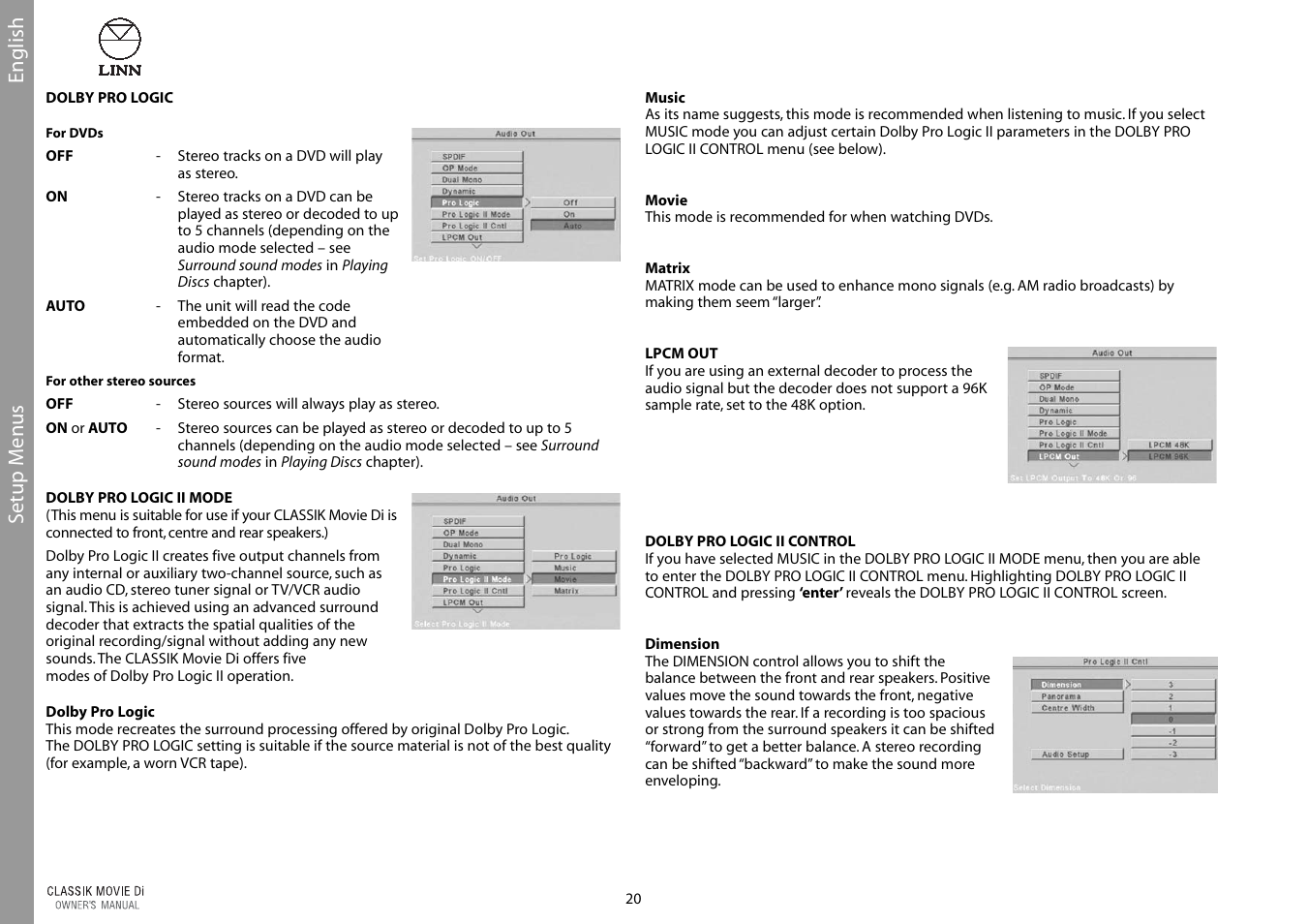 Setup m enus, English | Linn CLASSIK Movie Di User Manual | Page 26 / 54