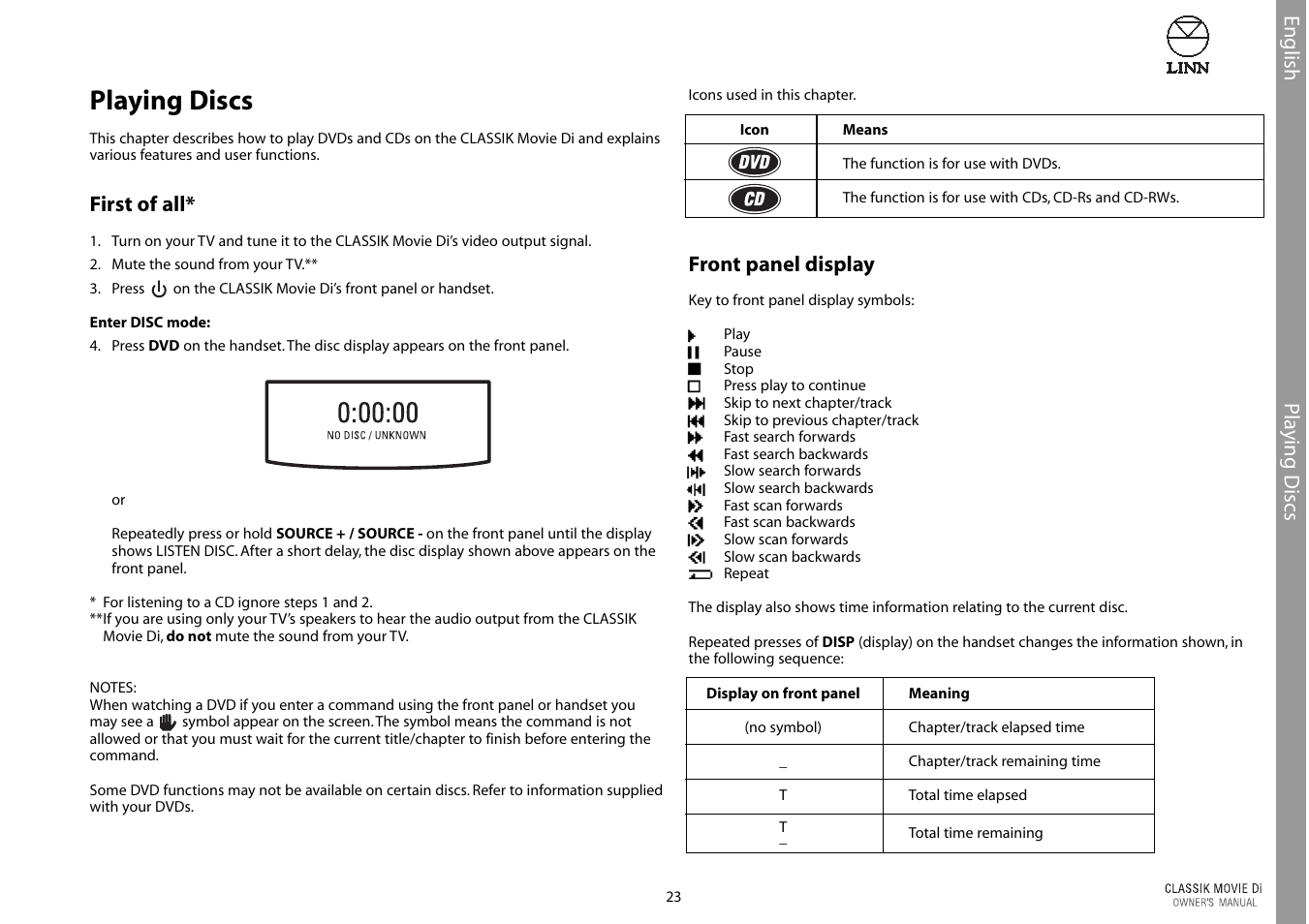 Playing discs | Linn CLASSIK Movie Di User Manual | Page 29 / 54