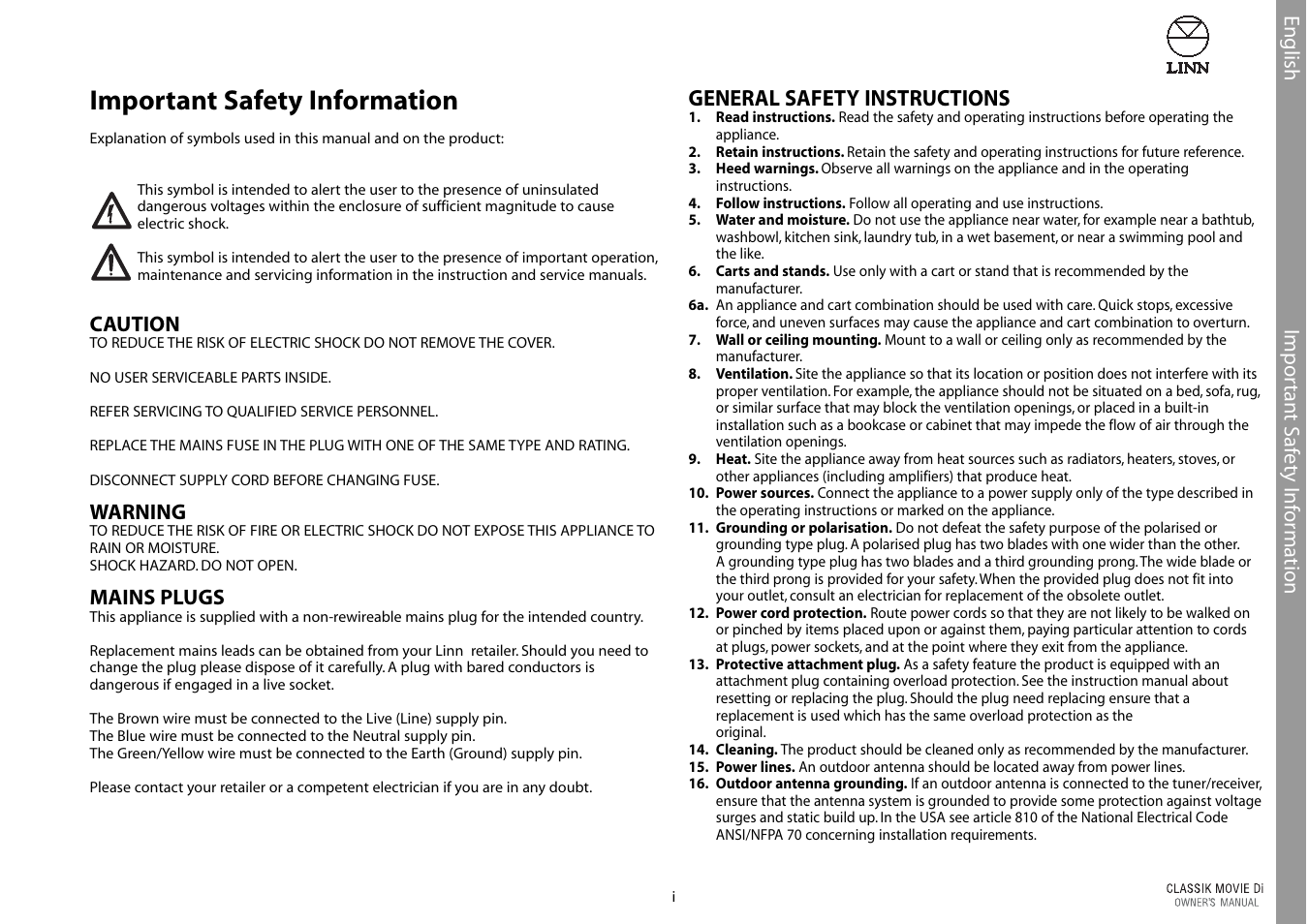 Important safety information, General safety instructions | Linn CLASSIK Movie Di User Manual | Page 3 / 54