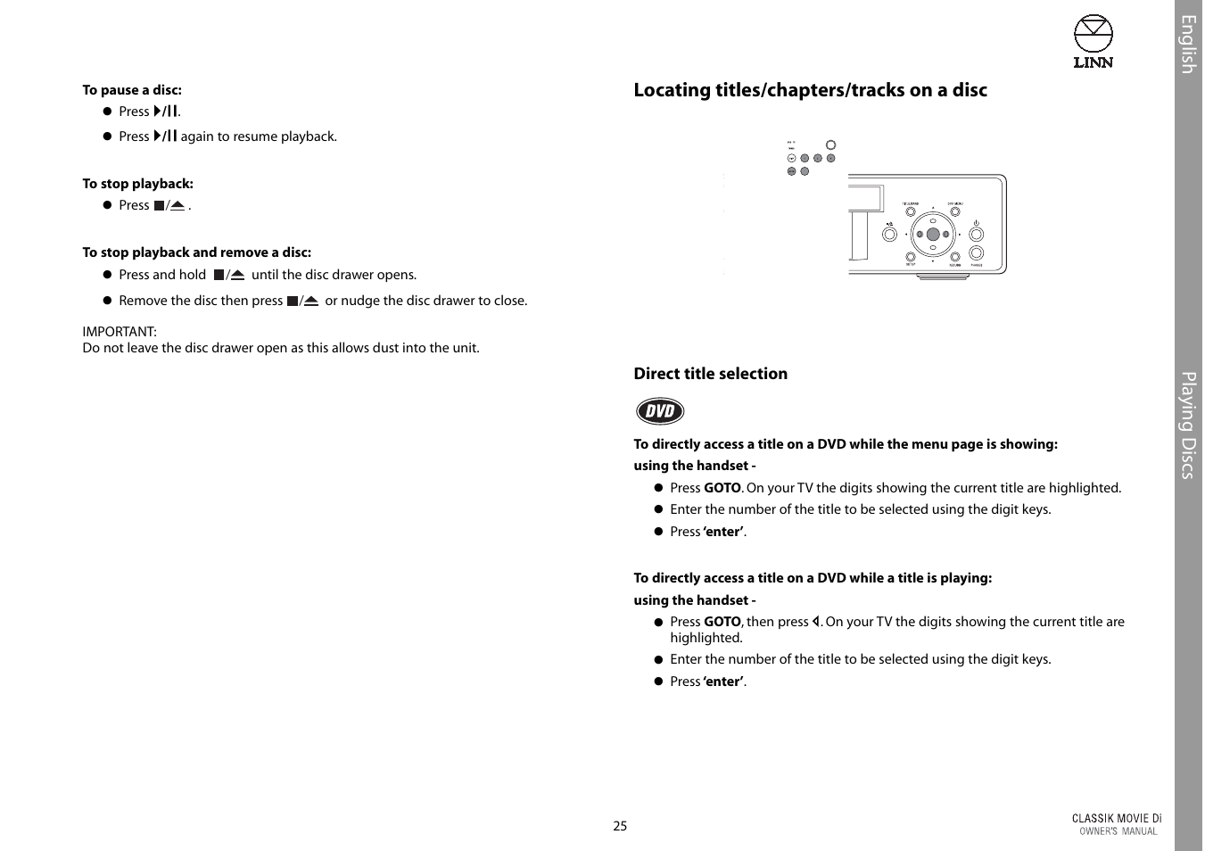 English pla ying discs, Locating titles/chapters/tracks on a disc | Linn CLASSIK Movie Di User Manual | Page 31 / 54