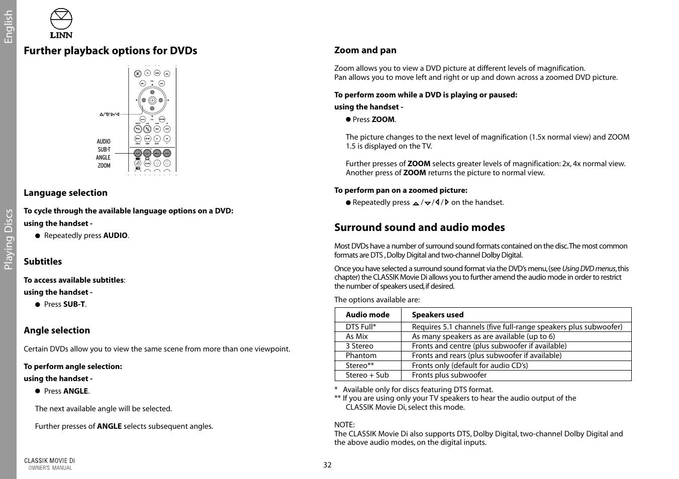 Surround sound and audio modes | Linn CLASSIK Movie Di User Manual | Page 38 / 54