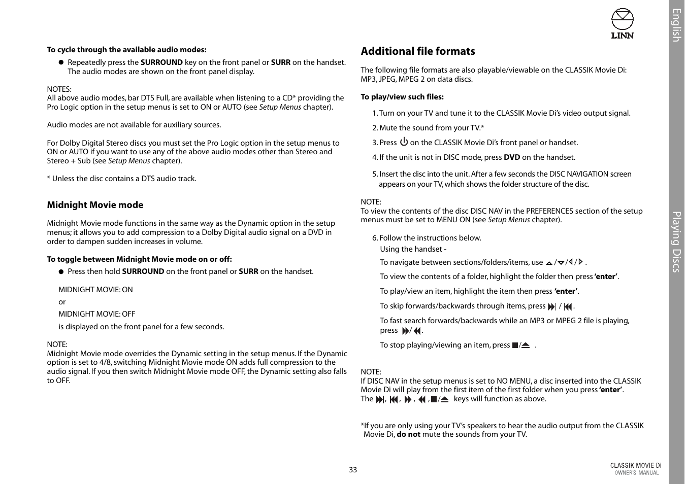 Pla ying discs additional file formats, English | Linn CLASSIK Movie Di User Manual | Page 39 / 54