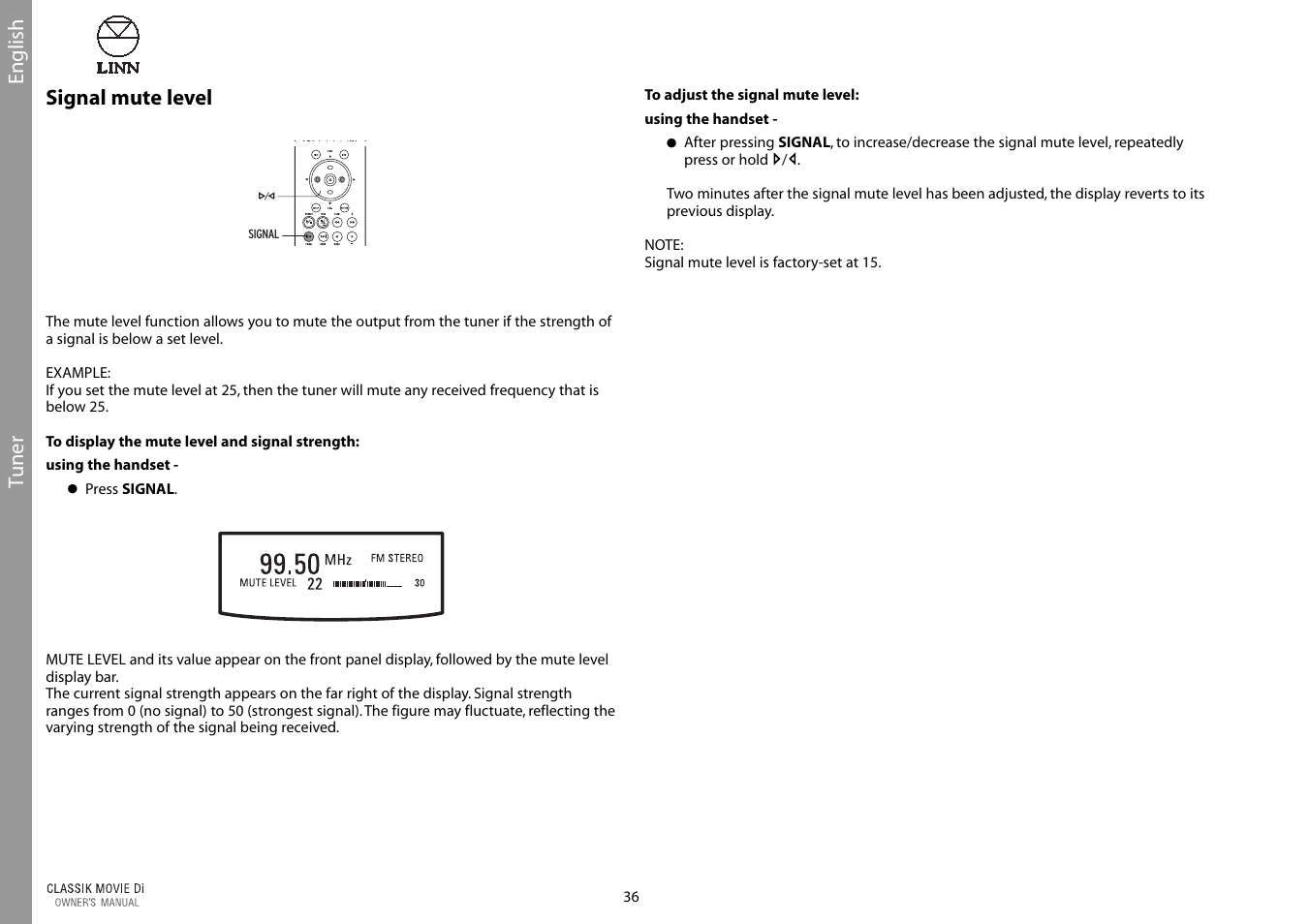 Tuner, English signal mute level | Linn CLASSIK Movie Di User Manual | Page 42 / 54