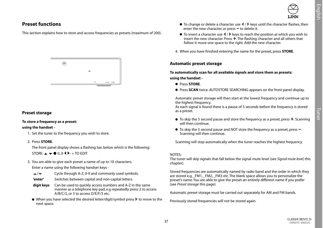 Tuner, English preset functions | Linn CLASSIK Movie Di User Manual | Page 43 / 54