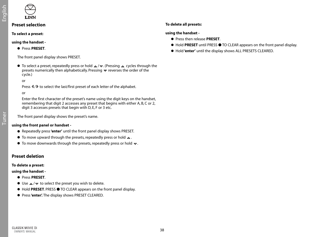 Tuner, English | Linn CLASSIK Movie Di User Manual | Page 44 / 54