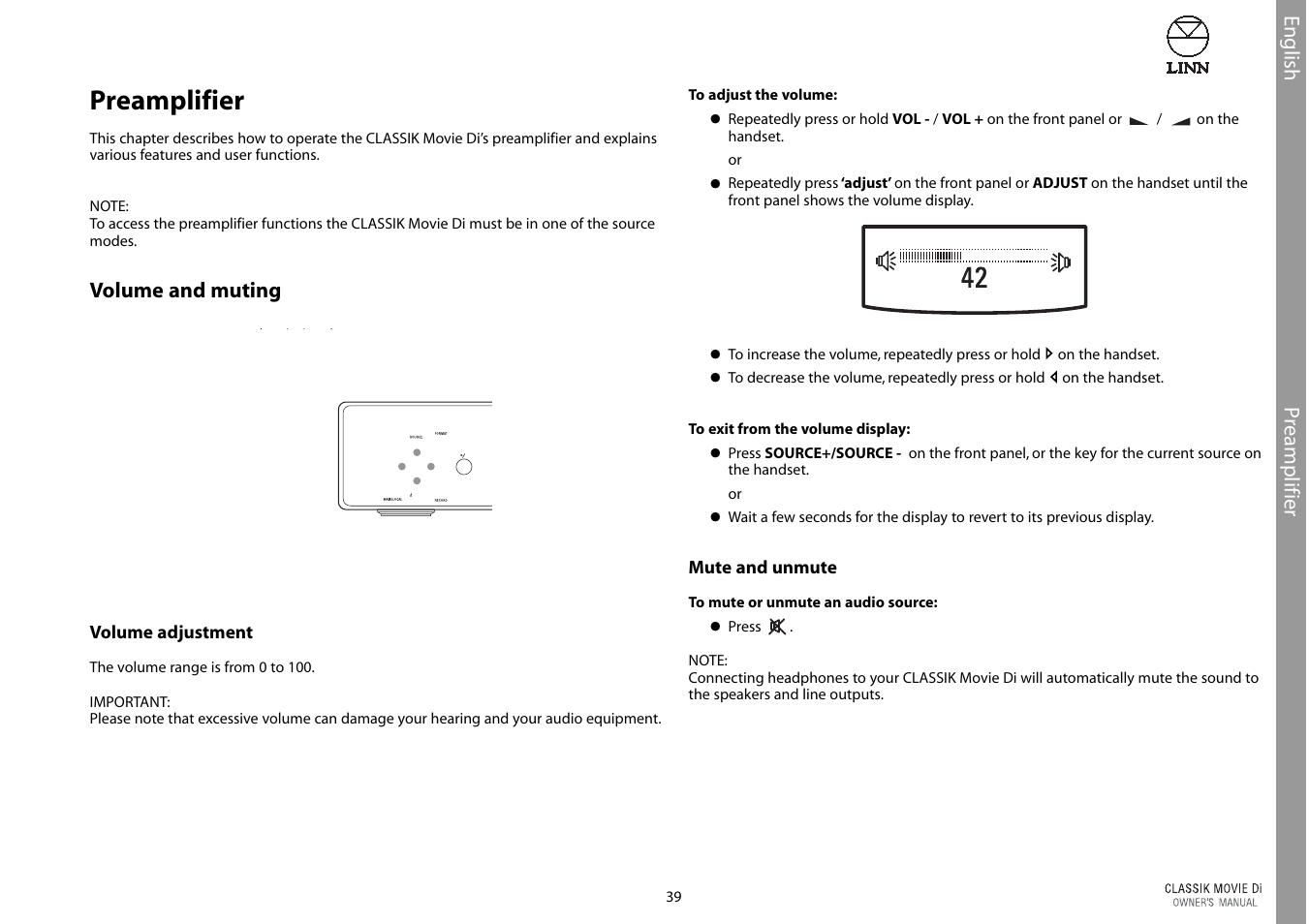 Preamplifier, English p reamplifier, Volume and muting | Linn CLASSIK Movie Di User Manual | Page 45 / 54