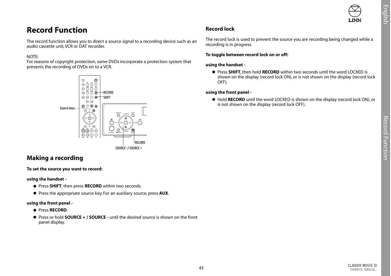 Record function, Rec or d f unc tion, Making a recording | English | Linn CLASSIK Movie Di User Manual | Page 49 / 54