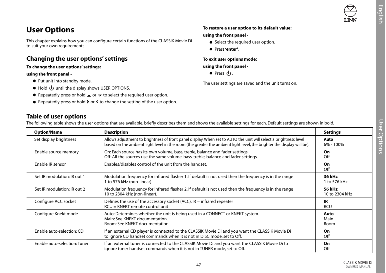 User options, English u ser options, Changing the user options’ settings | Table of user options | Linn CLASSIK Movie Di User Manual | Page 53 / 54