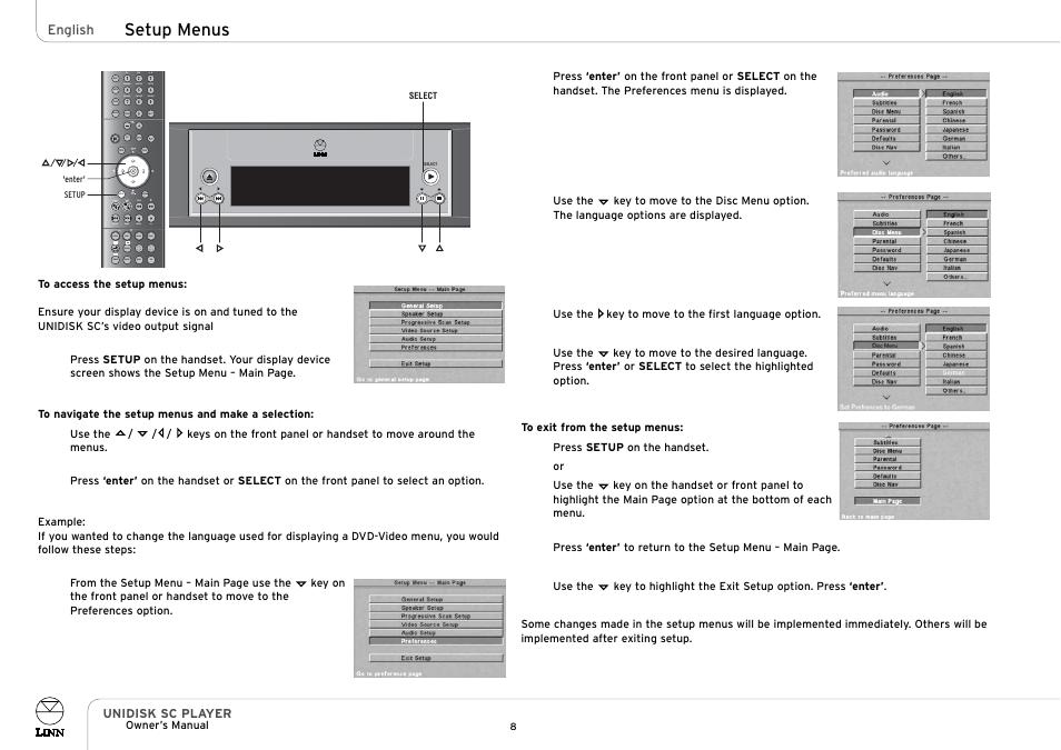 Setup menus, Store adjust shift disp goto, Signal band mono | Surr | Linn UNIDISK SC PLAYER User Manual | Page 14 / 40