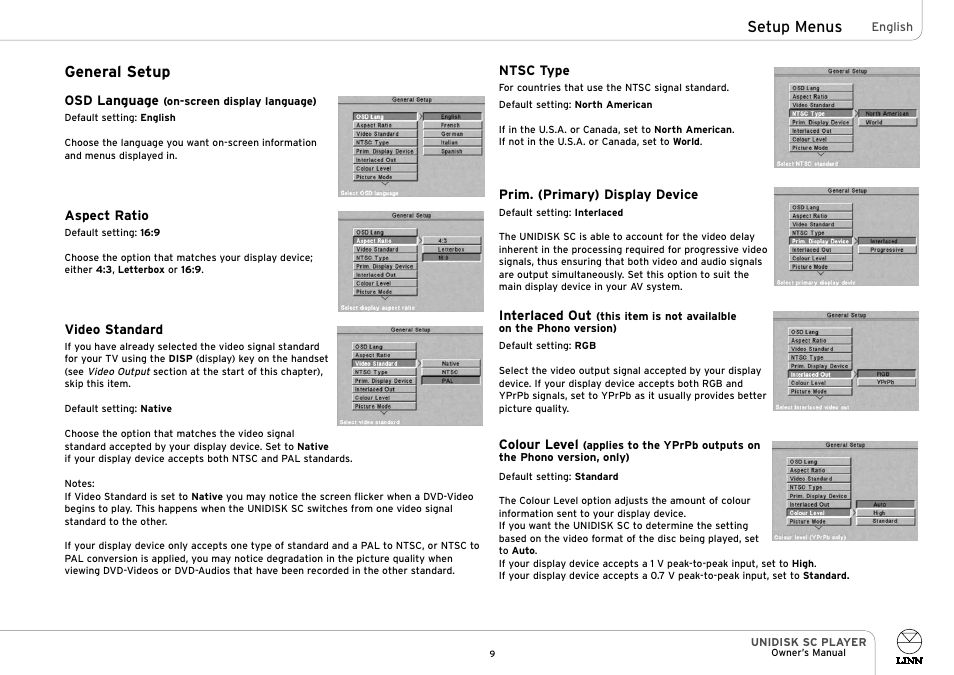 General setup, Setup menus | Linn UNIDISK SC PLAYER User Manual | Page 15 / 40