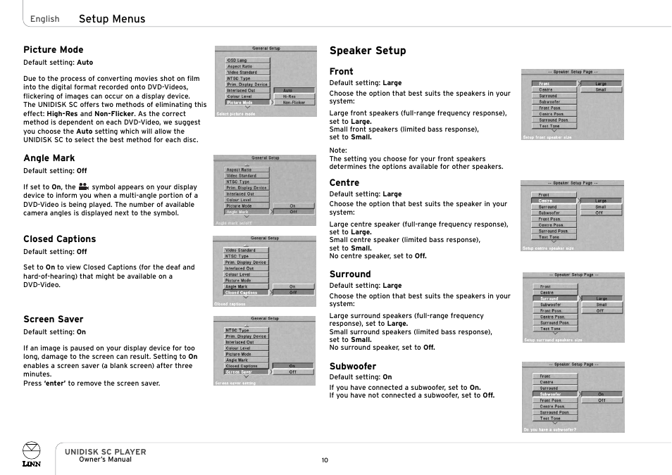 Speaker setup, Setup menus | Linn UNIDISK SC PLAYER User Manual | Page 16 / 40