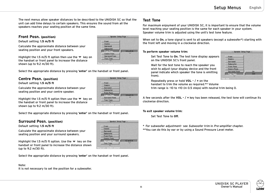 Setup menus | Linn UNIDISK SC PLAYER User Manual | Page 17 / 40