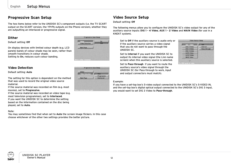 Video source setup, Progressive scan setup, Setup menus | Linn UNIDISK SC PLAYER User Manual | Page 18 / 40