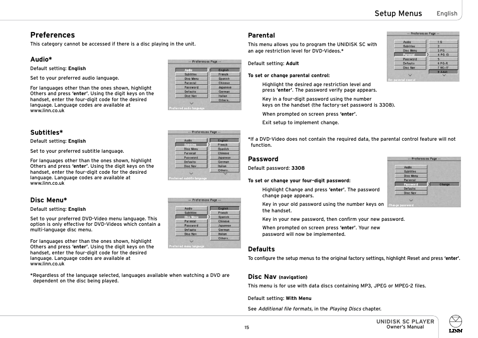 Preferences, Setup menus | Linn UNIDISK SC PLAYER User Manual | Page 21 / 40