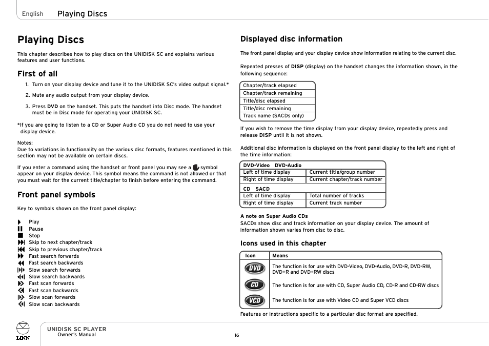 Playing discs, First of all, Front panel symbols | Displayed disc information | Linn UNIDISK SC PLAYER User Manual | Page 22 / 40