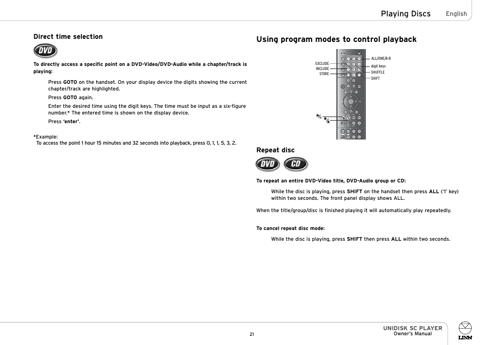 Playing discs, Using program modes to control playback, Store adjust shift disp goto | Signal band mono, Surr | Linn UNIDISK SC PLAYER User Manual | Page 27 / 40