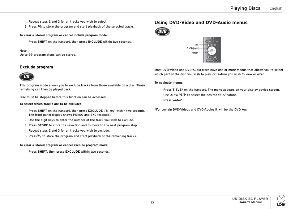 Playing discs, Using dvd-video and dvd-audio menus, Return setup preset tune scan | Linn UNIDISK SC PLAYER User Manual | Page 29 / 40