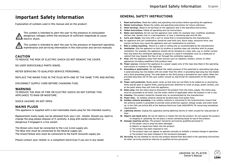 Important safety information, Caution, Warning | Mains plugs, General safety instructions | Linn UNIDISK SC PLAYER User Manual | Page 3 / 40