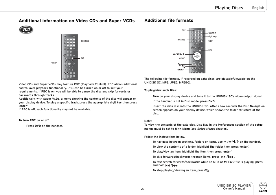 Additional information on video cds and super vcds, Playing discs, Additional file formats | Store adjust shift disp goto, Signal band mono, Surr | Linn UNIDISK SC PLAYER User Manual | Page 31 / 40