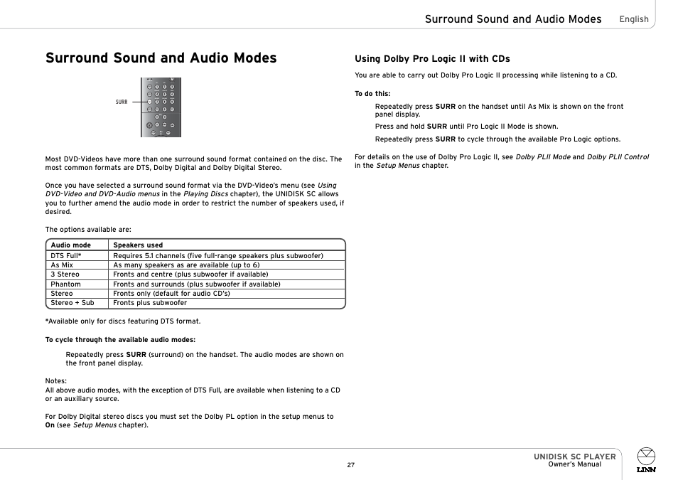 Surround sound and audio modes, Store adjust shift disp goto, Surr | Linn UNIDISK SC PLAYER User Manual | Page 33 / 40