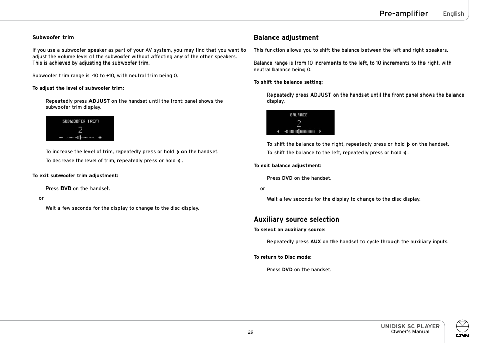 Pre-amplifier, Balance adjustment, Auxiliary source selection | Linn UNIDISK SC PLAYER User Manual | Page 35 / 40
