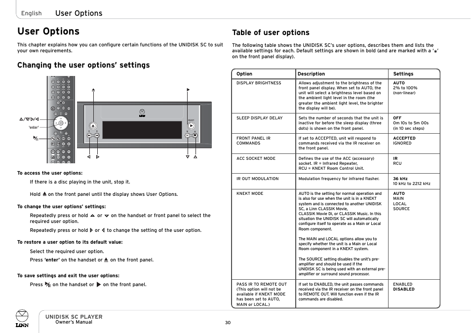 User options, Table of user options, Changing the user options’ settings | Store adjust shift disp goto, Signal band mono, Surr | Linn UNIDISK SC PLAYER User Manual | Page 36 / 40