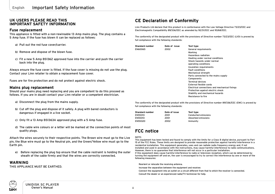 Ce declaration of conformity, Fcc notice, Important safety information | Mains plug replacement, Warning | Linn UNIDISK SC PLAYER User Manual | Page 4 / 40