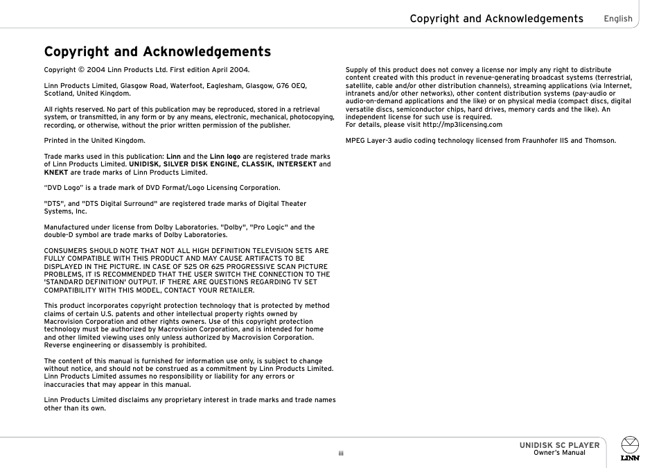 Copyright and acknowledgements | Linn UNIDISK SC PLAYER User Manual | Page 5 / 40