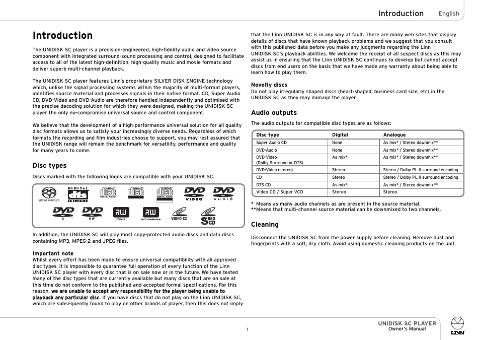 Introduction | Linn UNIDISK SC PLAYER User Manual | Page 7 / 40