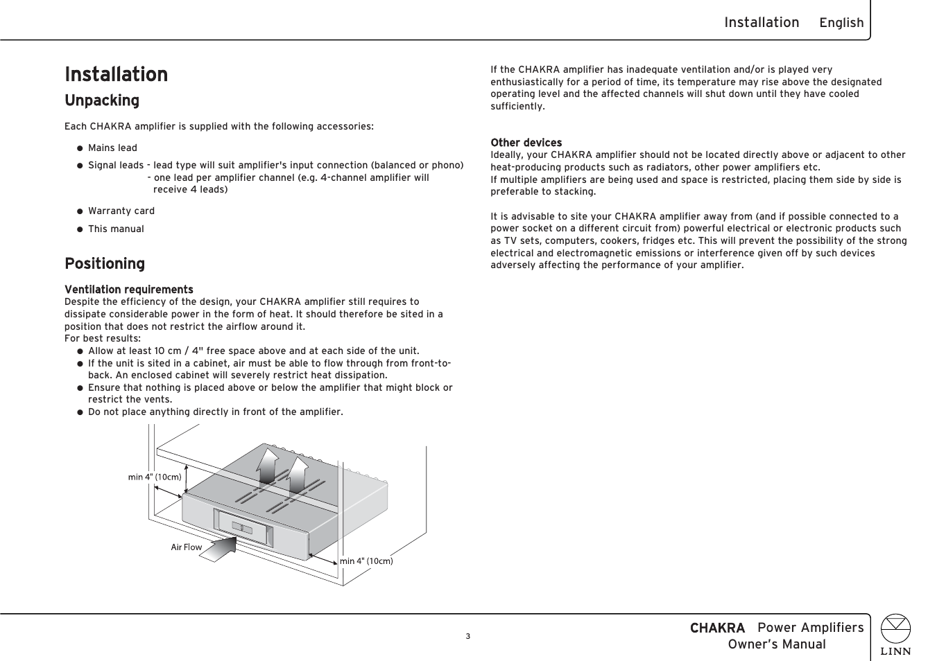 Iinstallation, Unpacking, Positioning | Installation | Linn C 6100 User Manual | Page 11 / 26