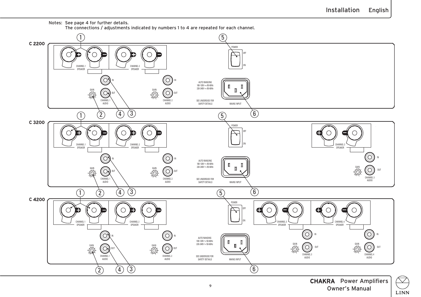 Installation, Chakra power amplifiers owner’s manual, English | Cc 4200 | Linn C 6100 User Manual | Page 17 / 26