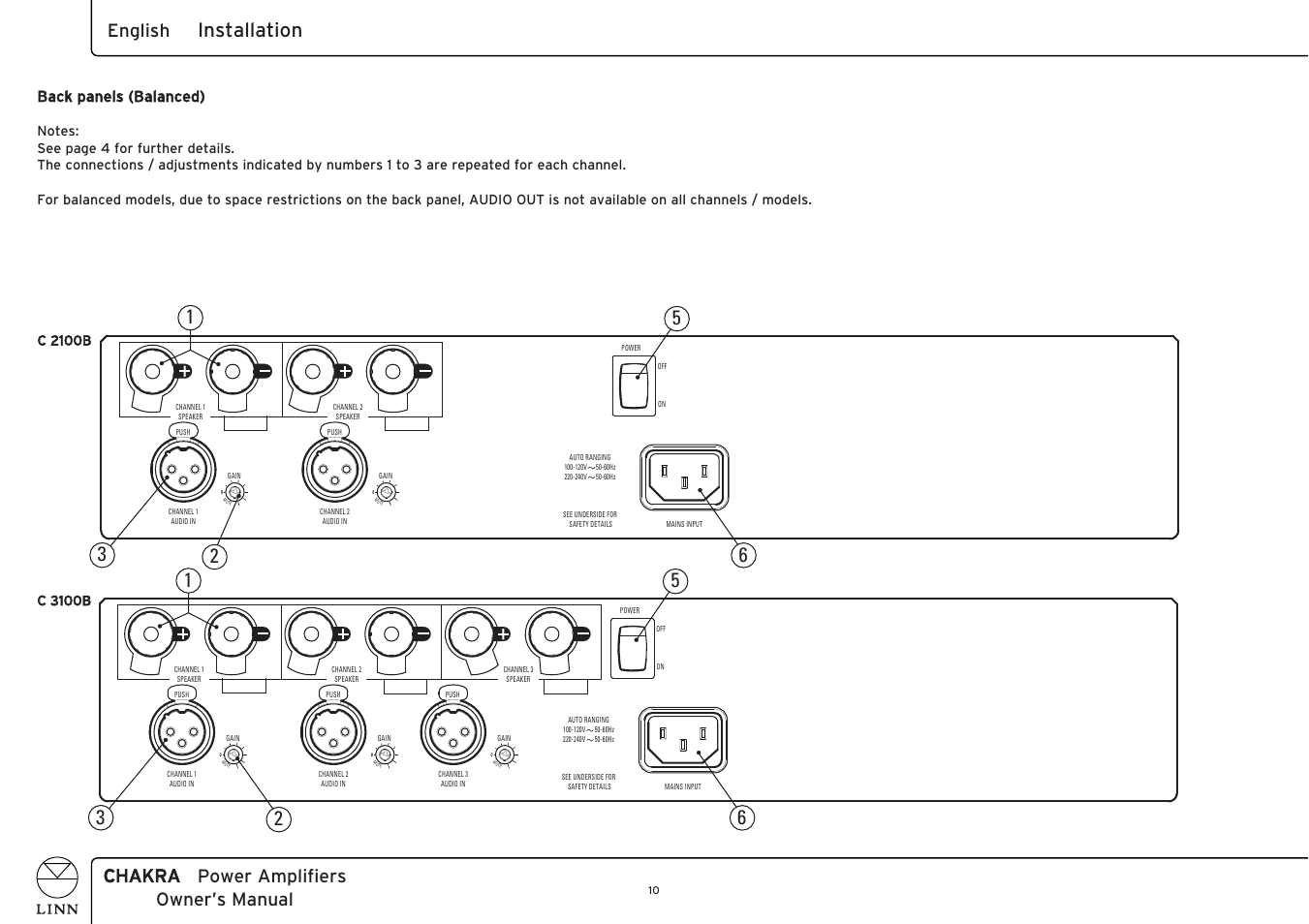 Installation, Chakra power amplifiers owner’s manual english, Bback panels (balanced) | Linn C 6100 User Manual | Page 18 / 26